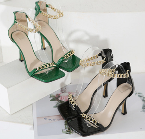 One Word Buckle Chain Stiletto High Heels for Women
