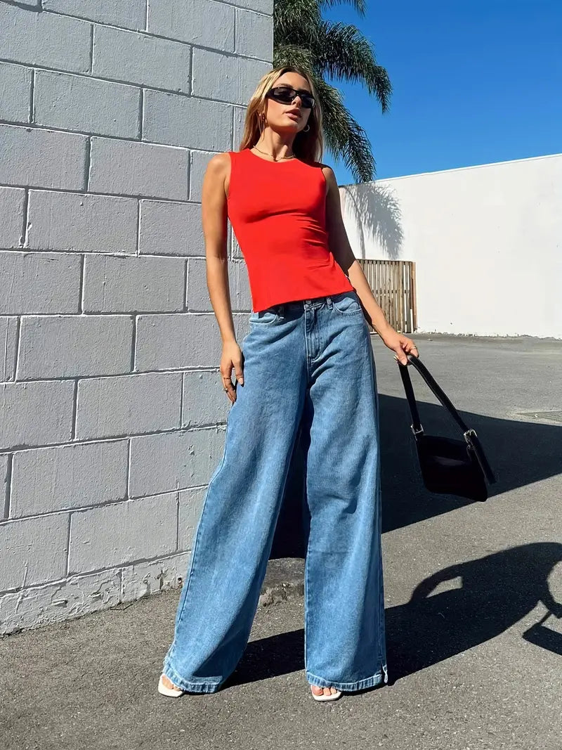 Blue High Waist Straight Baggy Denim Jeans for Women