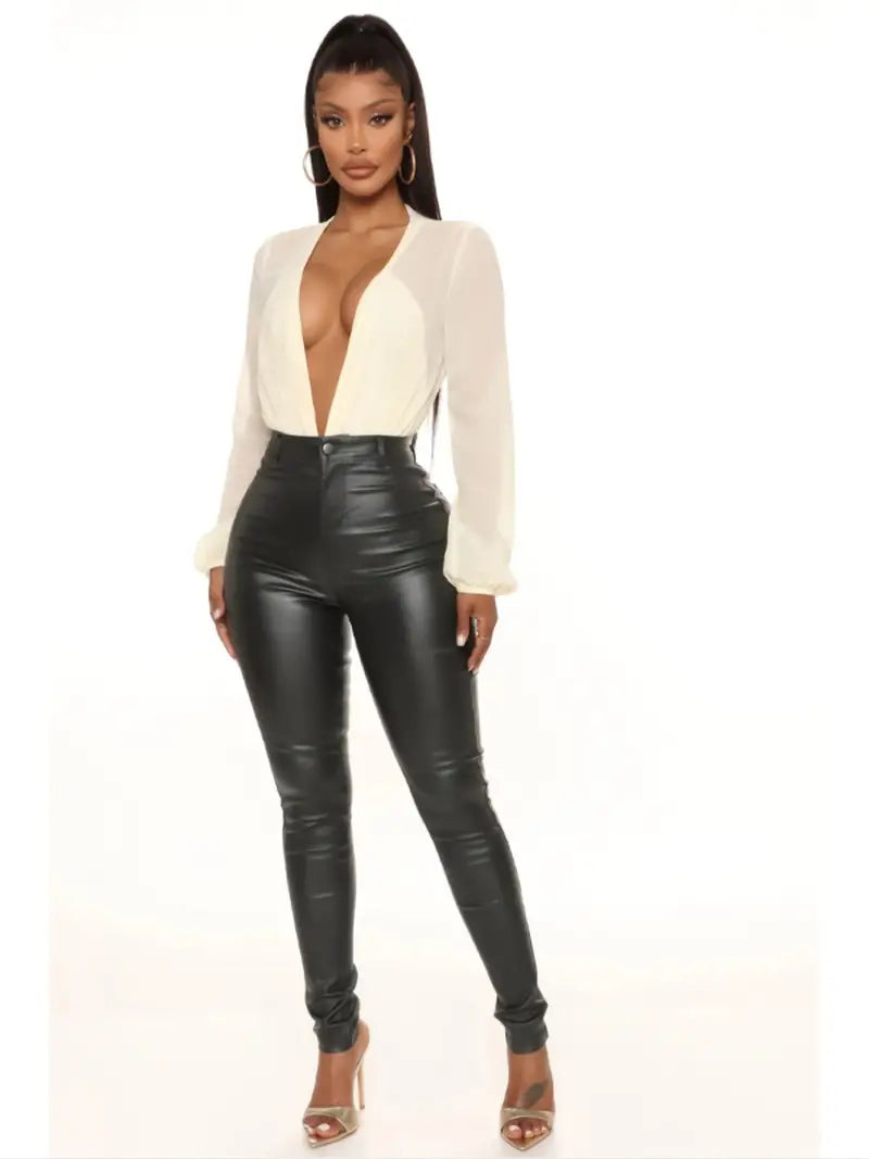 High Rise Skinny Fit Stretchy Faux Leather Denim Jeans