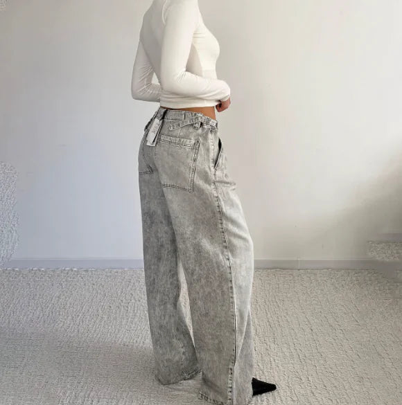 Women's Grey High Waist Straight Loose Fit Jeans