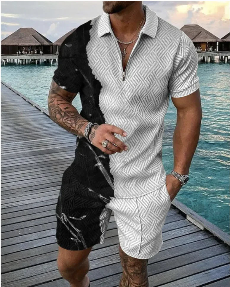 Men's Casual Striped Zip Short Sleeve Set