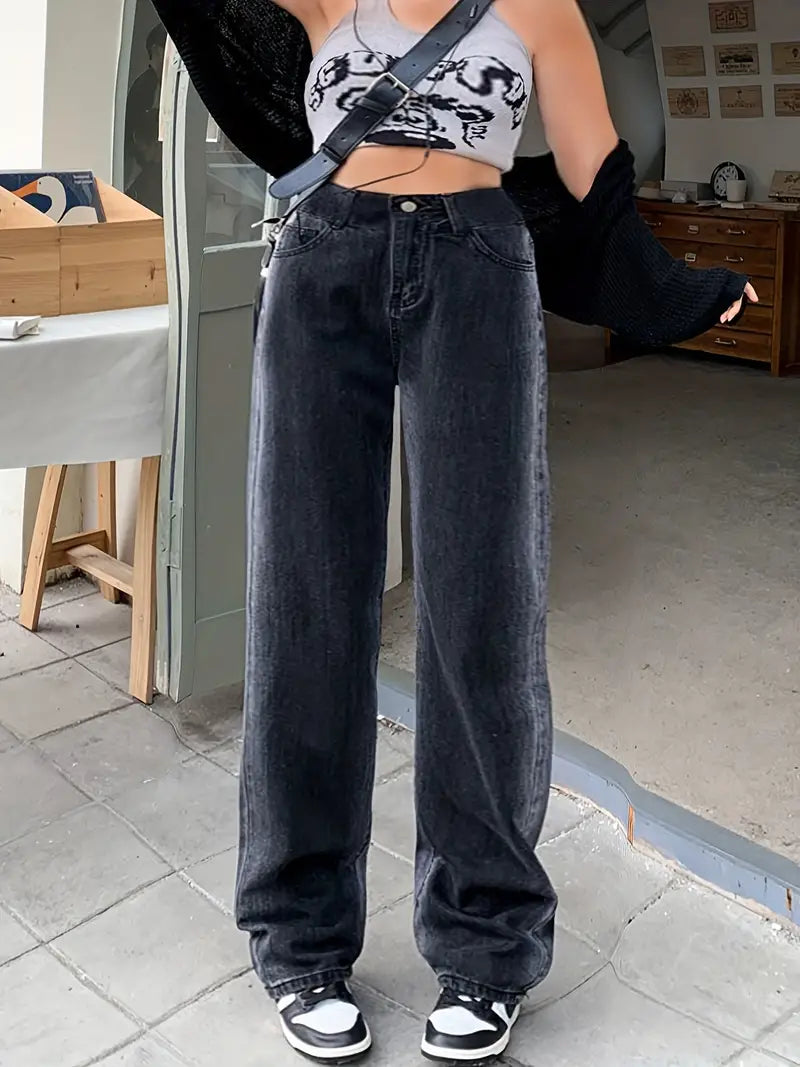 High Waist Straight Jeans - Loose Fit Baggy Denim
