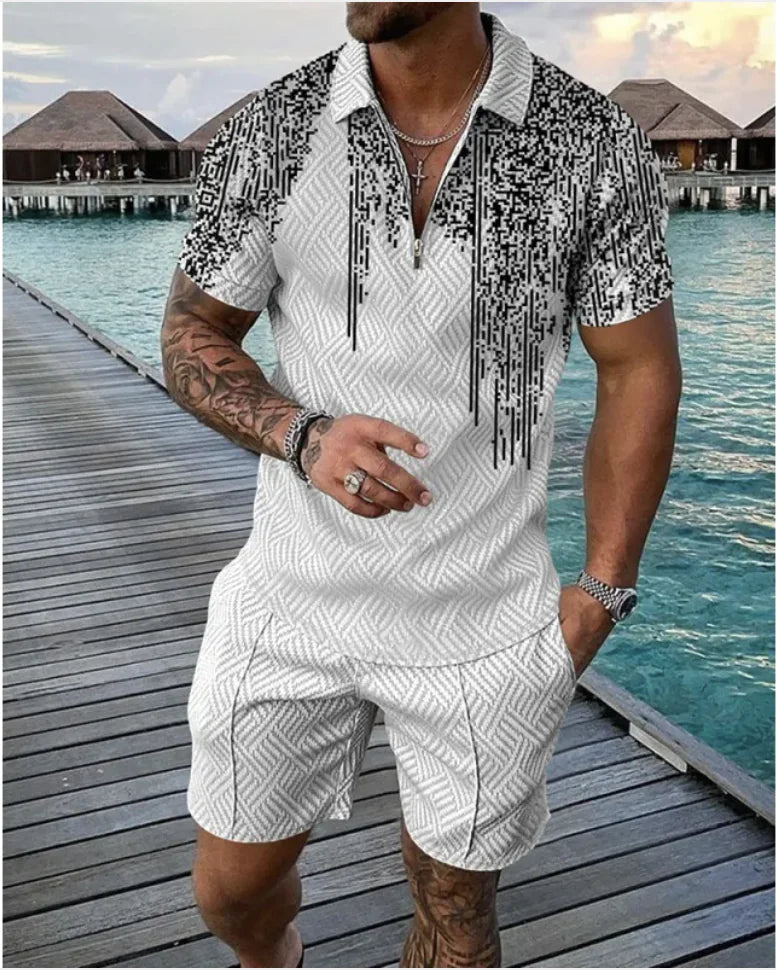 Men's Casual Striped Zip Short Sleeve Set