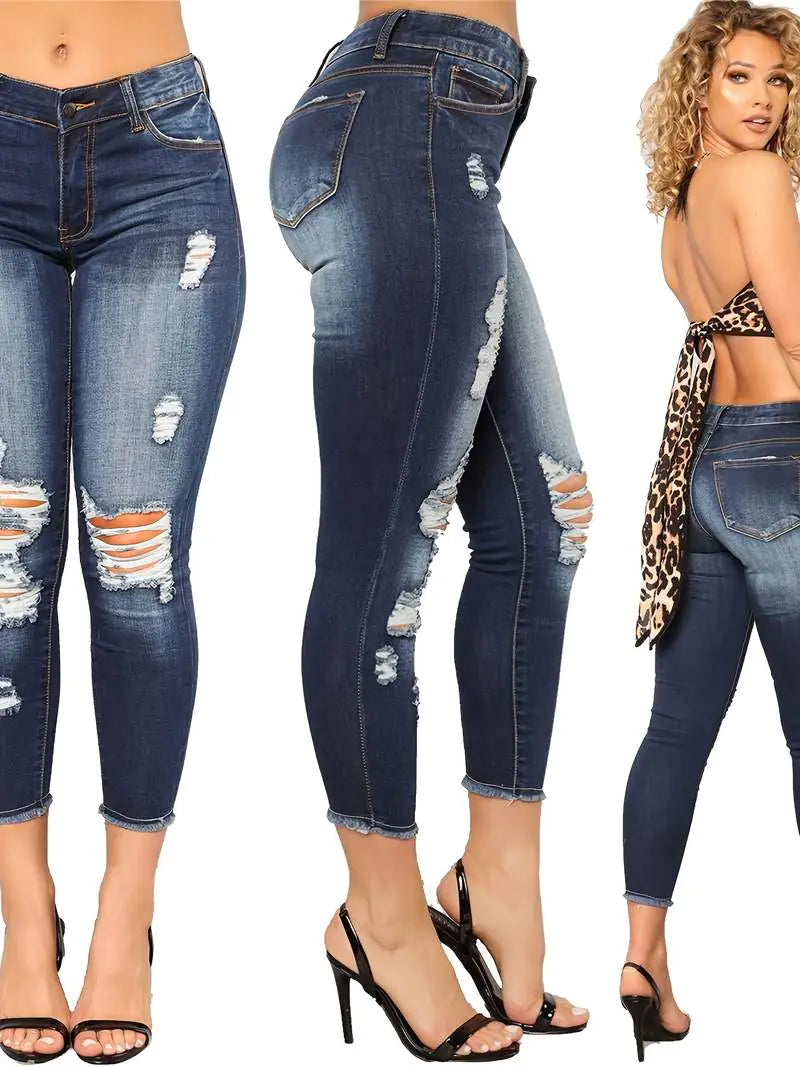 High Rise Ripped Cropped Skinny Jeans for Women