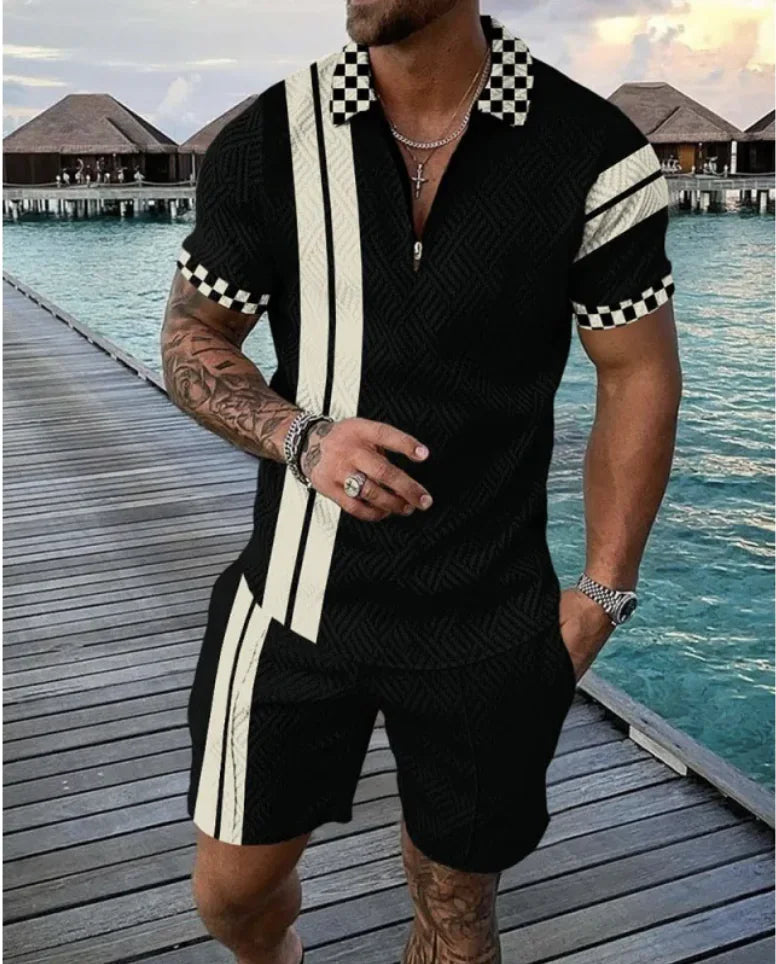 Men's Casual Striped Zip Short Sleeve Set