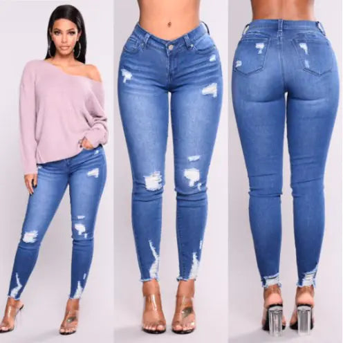 High Rise Ripped Skinny Jeans with Embossed Denim Look