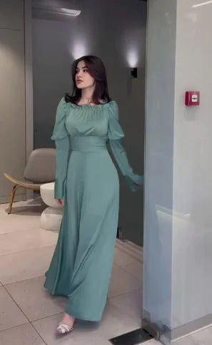 Solid Color Puff Sleeve Long Dress for Women