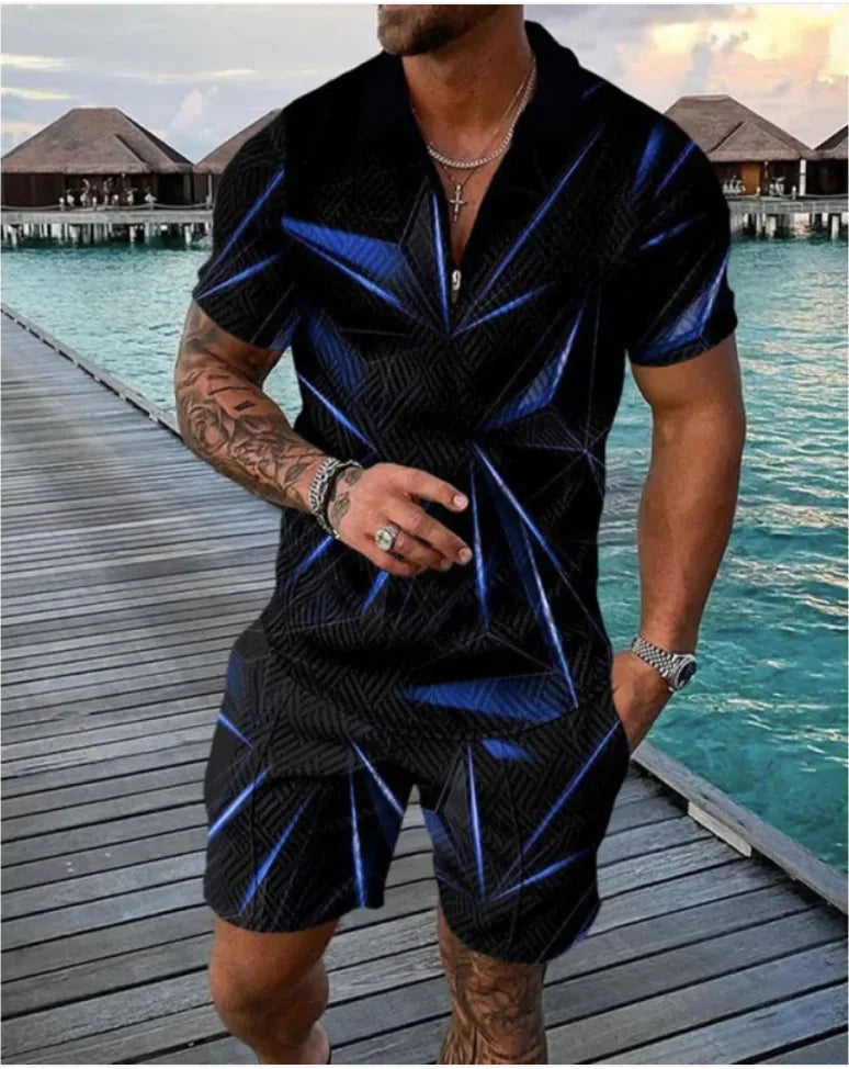 Men's Casual Striped Zip Short Sleeve Set