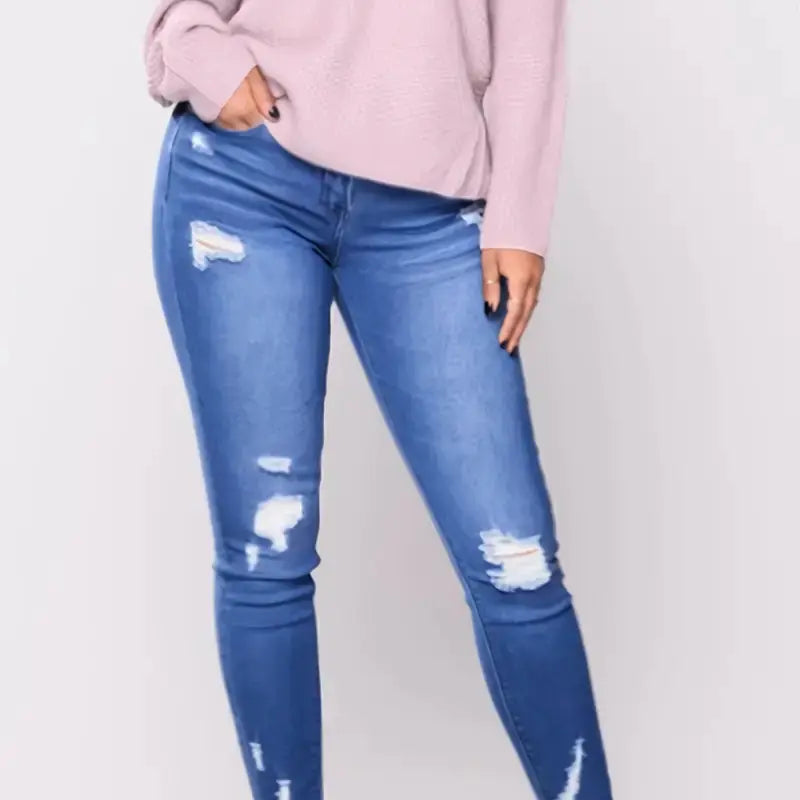 High Rise Ripped Skinny Jeans with Embossed Denim Look
