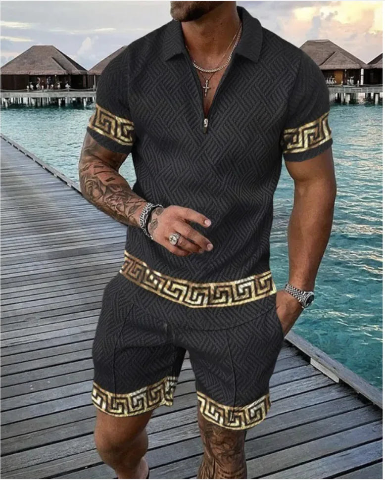 Men's Casual Striped Zip Short Sleeve Set