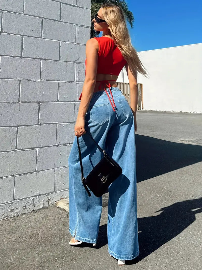 Blue High Waist Straight Baggy Denim Jeans for Women