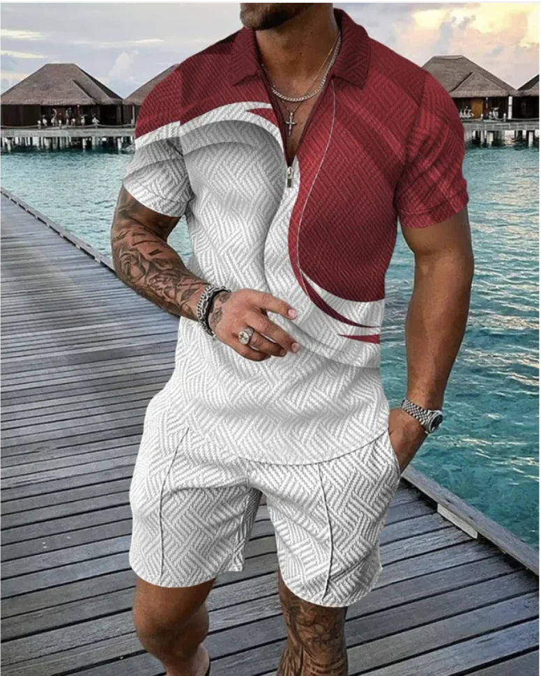 Men's Casual Striped Zip Short Sleeve Set