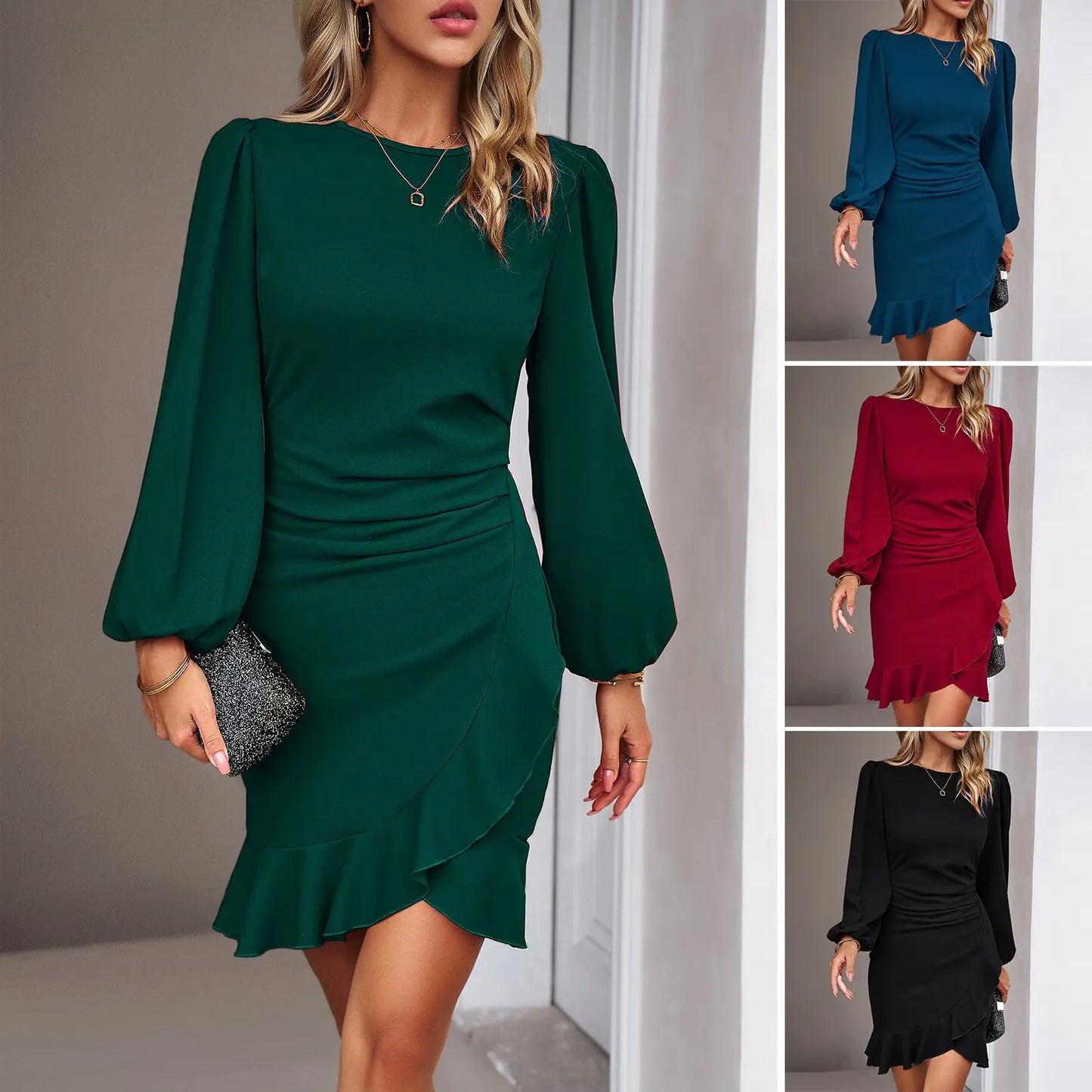 Women's Puff Long Sleeve Solid Color Slim Dress