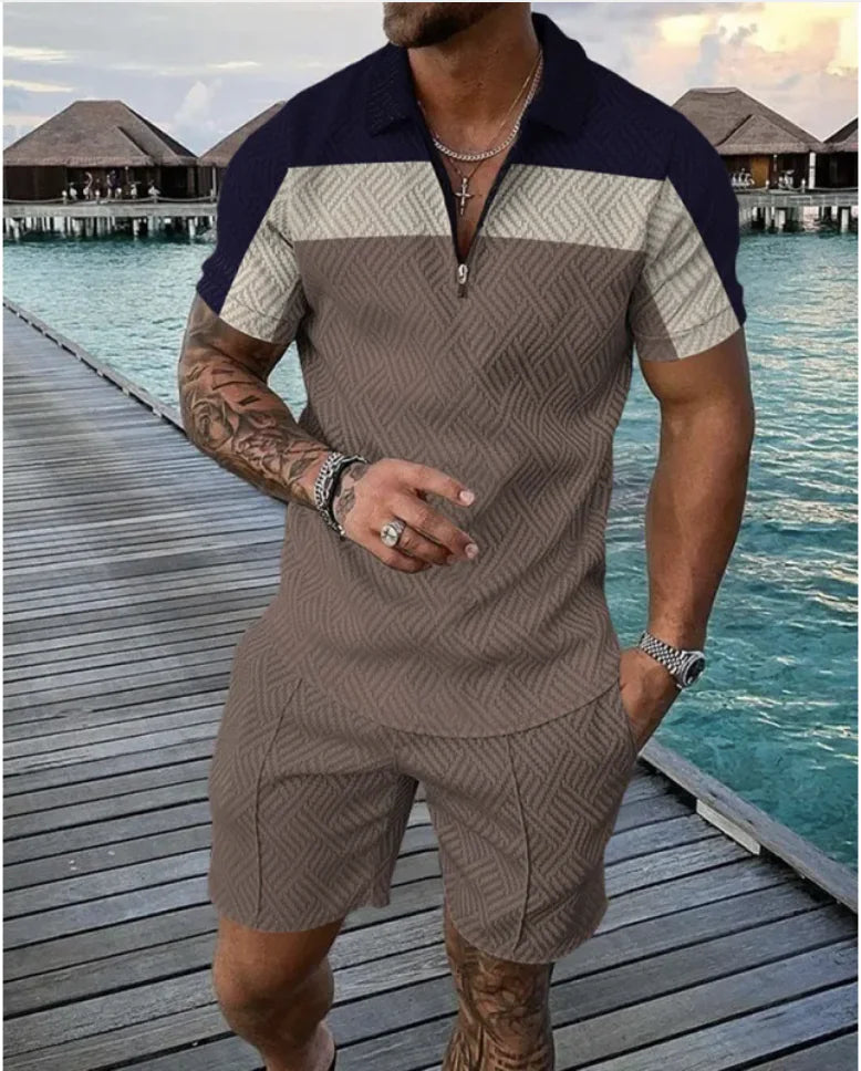 Men's Casual Striped Zip Short Sleeve Set