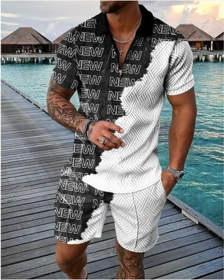 Men's Casual Striped Zip Short Sleeve Set