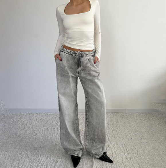 Women's Grey High Waist Straight Loose Fit Jeans