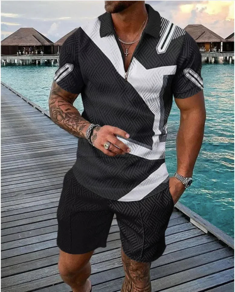 Men's Casual Striped Zip Short Sleeve Set