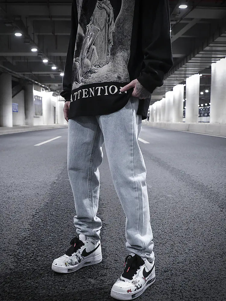 Washed Distressed Straight-Leg Fit Jeans