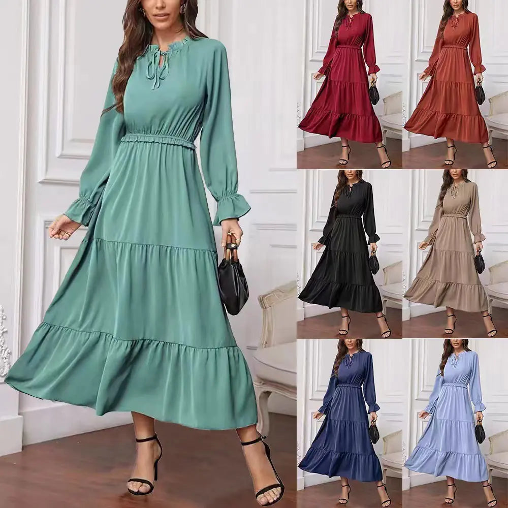 Summer Solid Color Long Sleeve Dress for Women