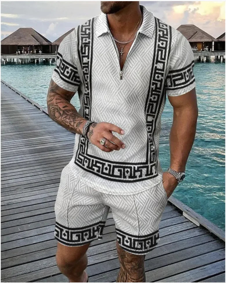 Men's Casual Striped Zip Short Sleeve Set