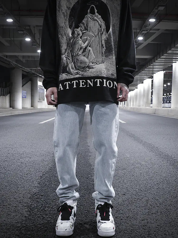 Washed Distressed Straight-Leg Fit Jeans
