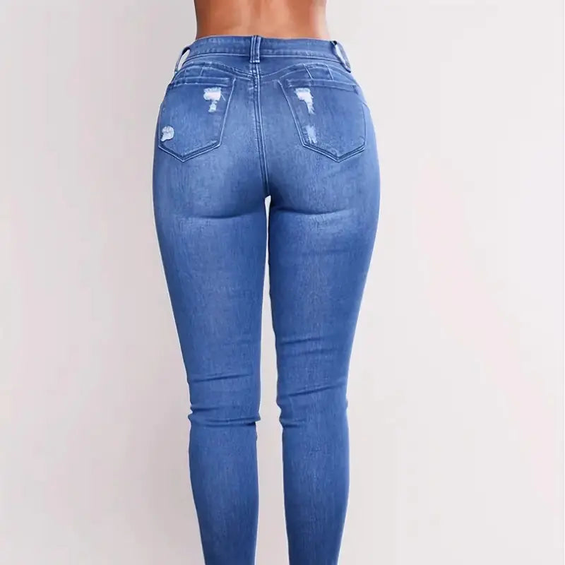 High Rise Ripped Skinny Jeans with Embossed Denim Look