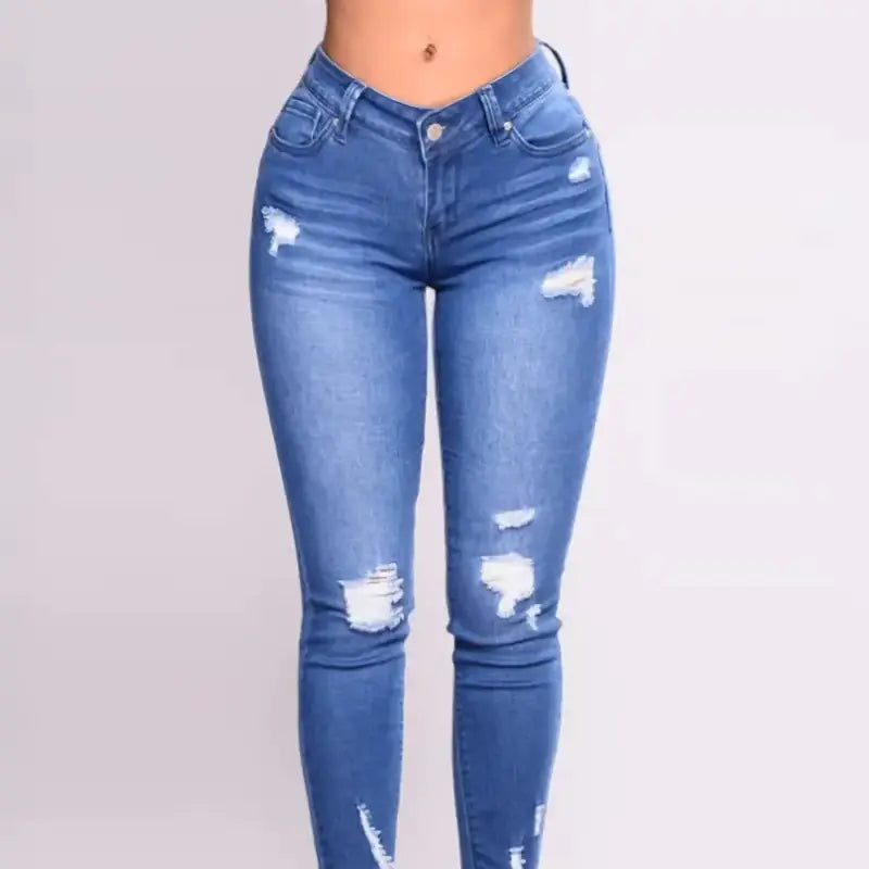 High Rise Ripped Skinny Jeans with Embossed Denim Look