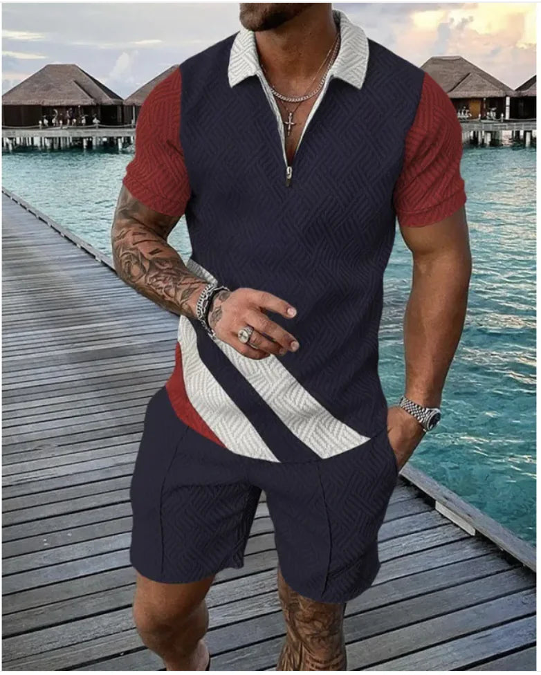 Men's Casual Striped Zip Short Sleeve Set