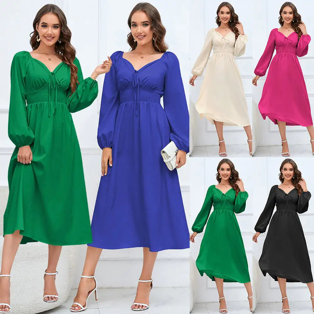 Elegant V-neck Slim-fit Long Sleeve Dress for Women
