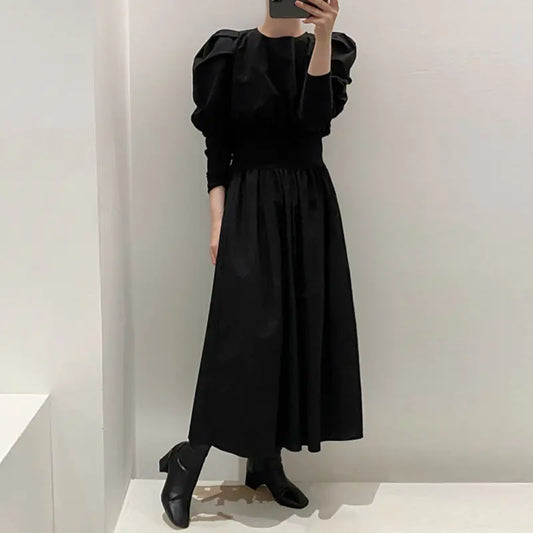Solid Color Puff Sleeve Long Dress for Women