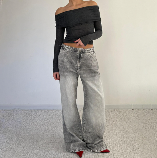 Women's Grey High Waist Straight Loose Fit Jeans