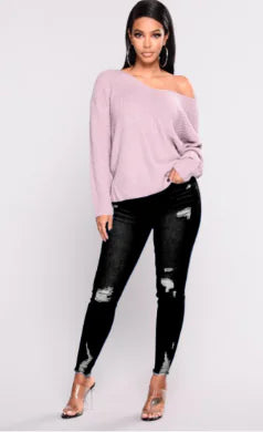 High Rise Ripped Skinny Jeans with Embossed Denim Look
