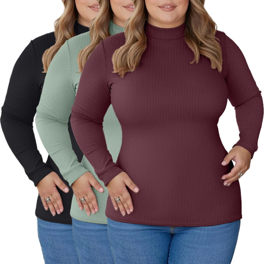 Riyiper 3 Pack Womens Ribbed Plus Size Mock Turtleneck Tops Long Sleeve Slim Fit T-Shirts Pullover Sweater Basic Layer Top(Black Light Green Wine Red4X-Large)