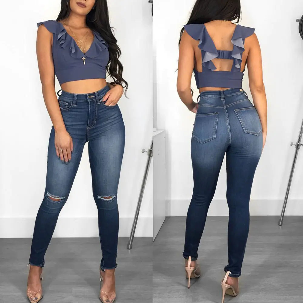 High Elastic Women's Jeans with Large Holes