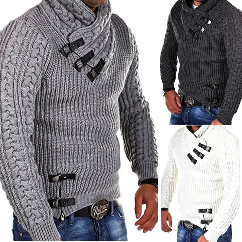 Men's Sweater with Long Sleeves and Leather Button