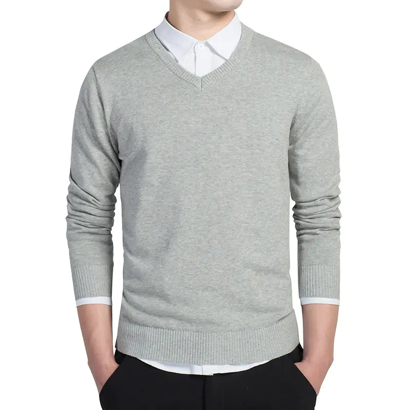 Men's Solid Color V-Neck Knit Sweater (Pullover Style)