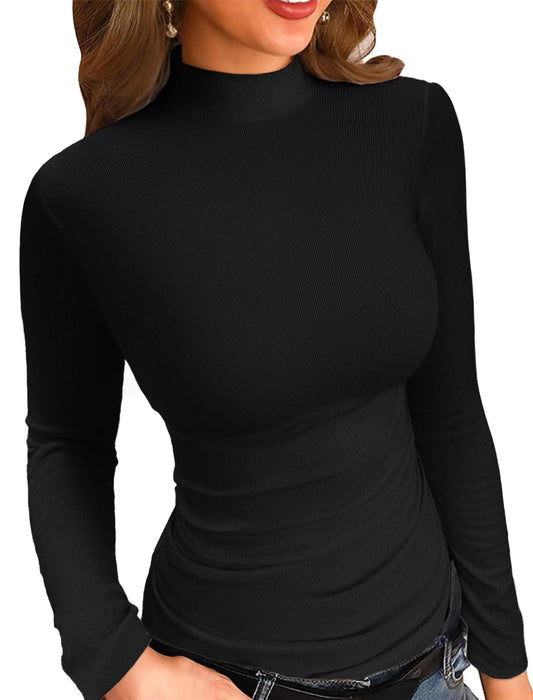 VICHYIE Women High Neck Shirts Ribbed Knit Long Sleeve Fall Clothes Slim Fitted Basic Tight Tshirts Underwear Tops Black S