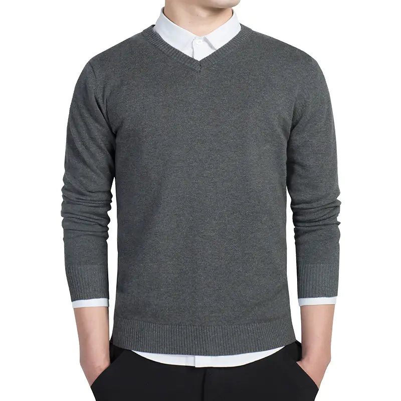 Men's Solid Color V-Neck Knit Sweater (Pullover Style)