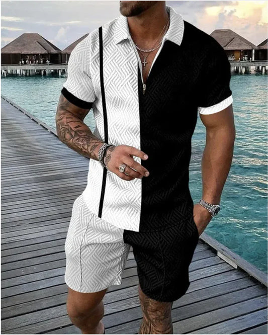 Men's Casual Striped Zip Short Sleeve Set