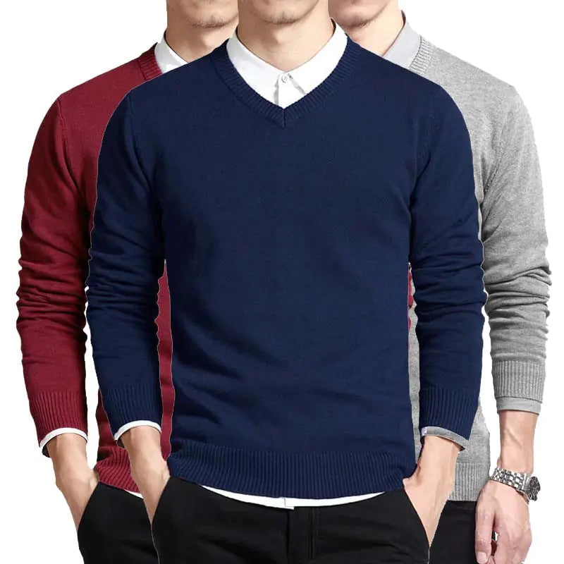 Men's Solid Color V-Neck Knit Sweater (Pullover Style)