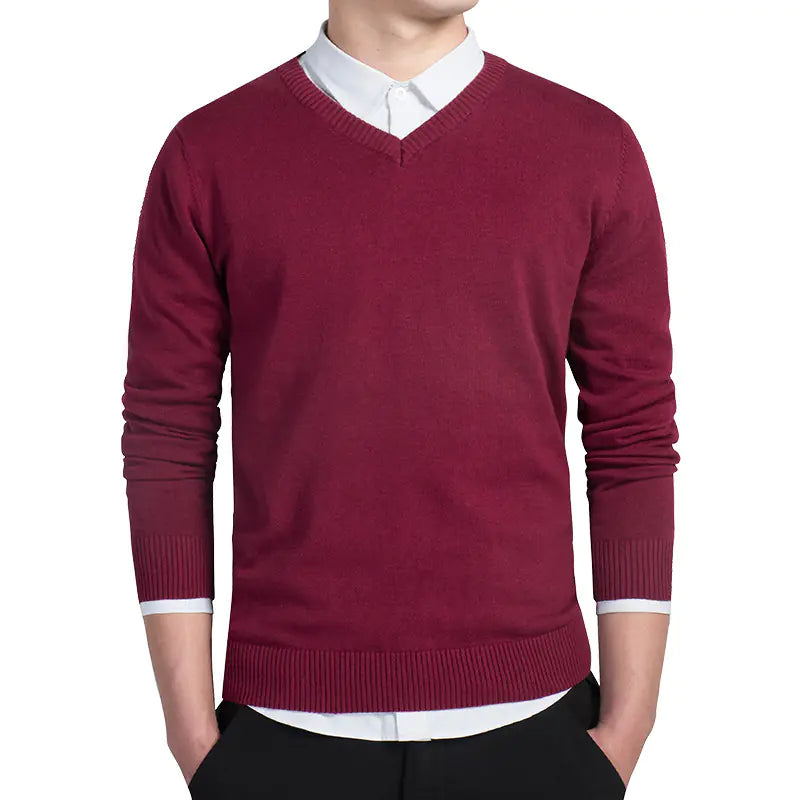 Men's Solid Color V-Neck Knit Sweater (Pullover Style)