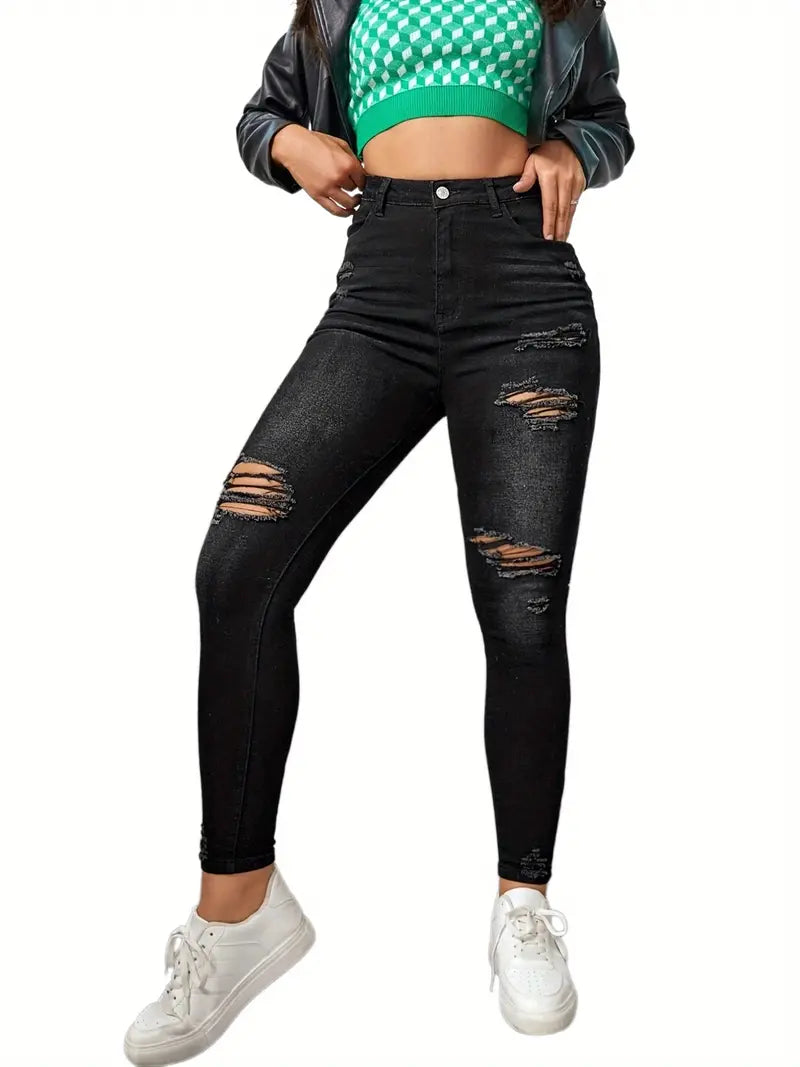 Black Ripped High-Rise Stretchy Denim Skinny Jeans