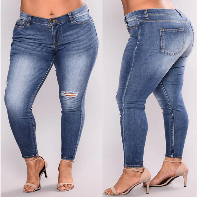High Elastic Women's Jeans with Large Holes